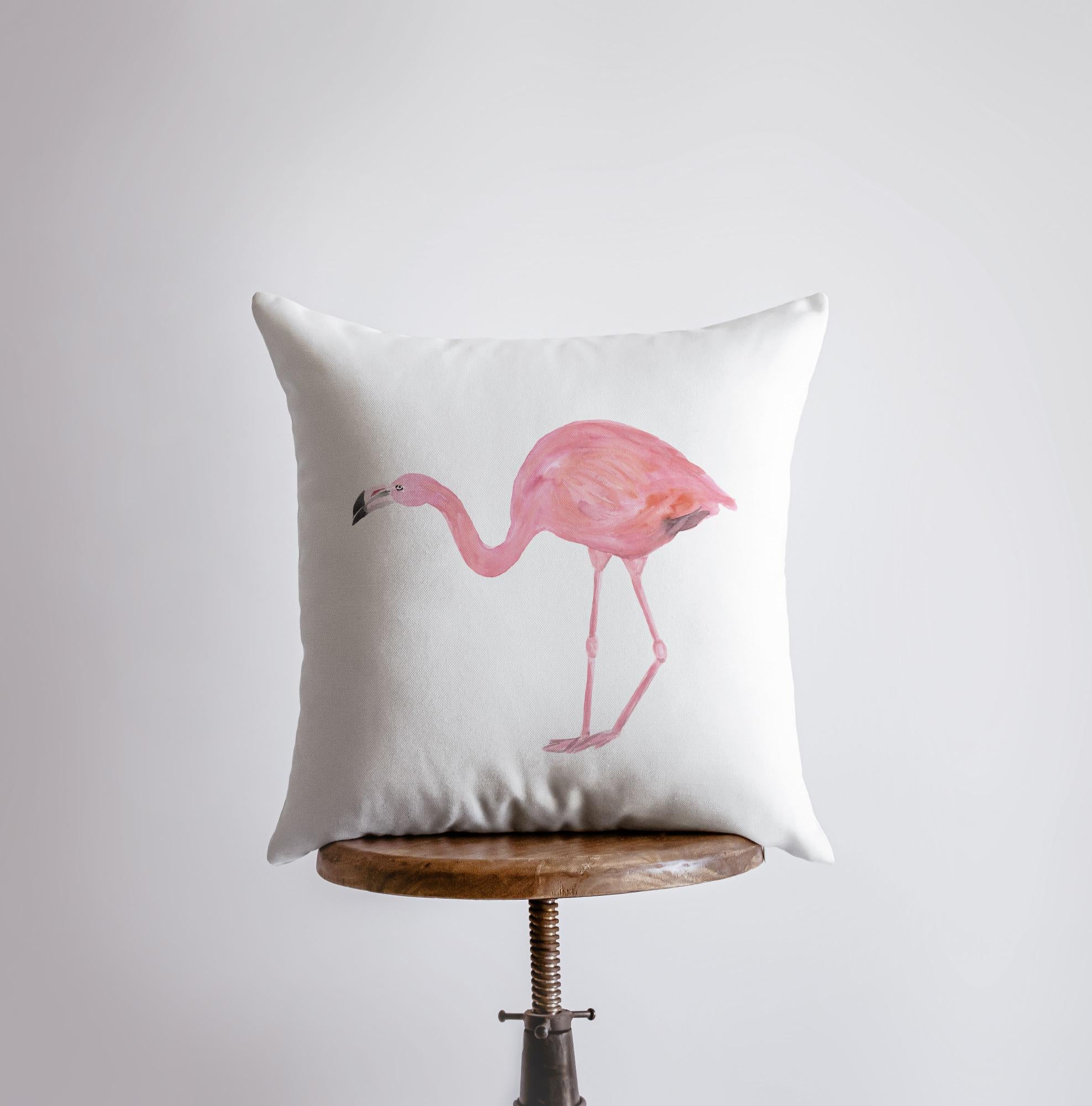 Handmade Pink Flamingo Accent Pillow Cover featuring a large flamingo design on a light beige background with a solid pink back.