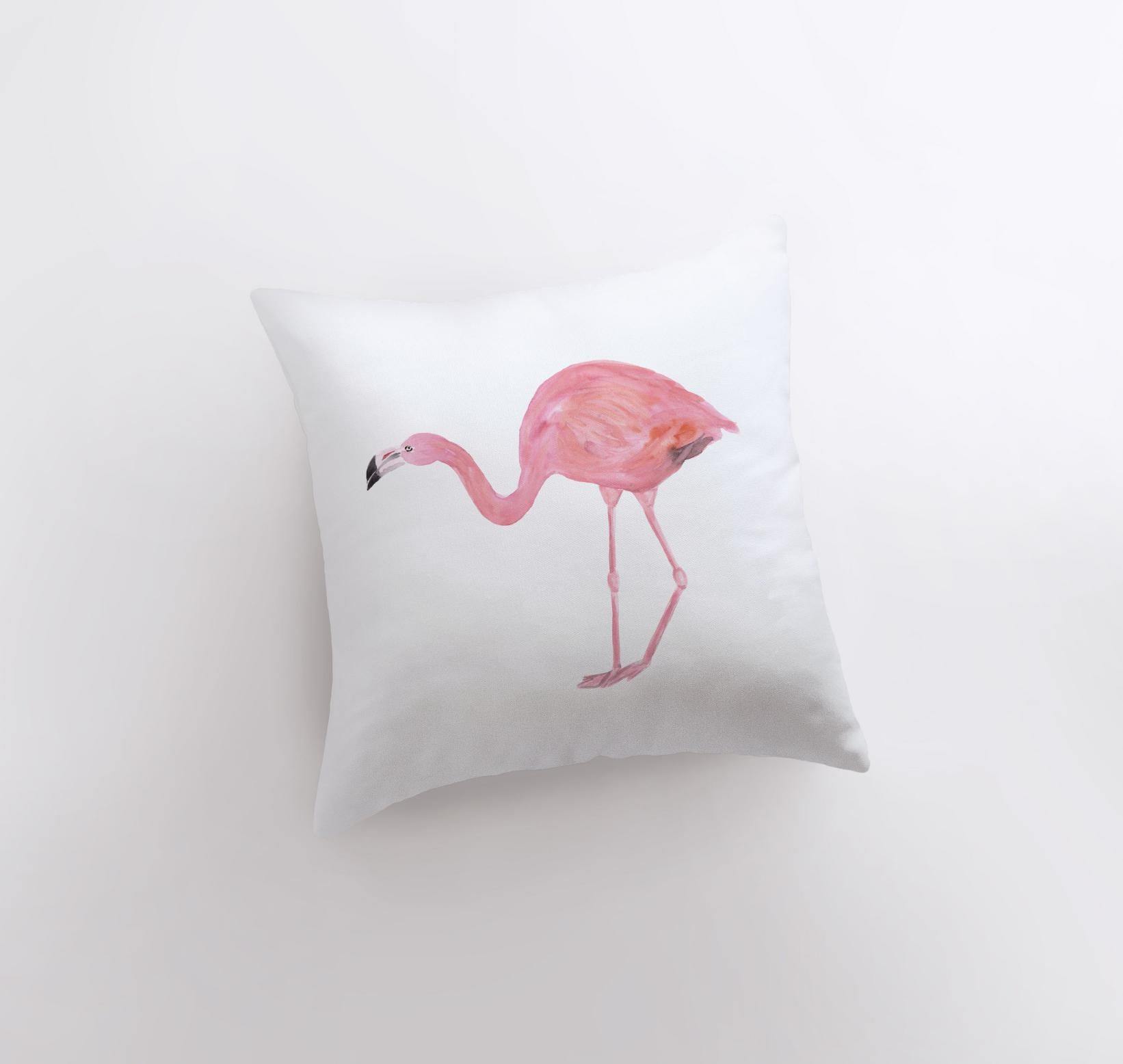 Handmade Pink Flamingo Accent Pillow Cover featuring a large flamingo design on a light beige background with a solid pink back.