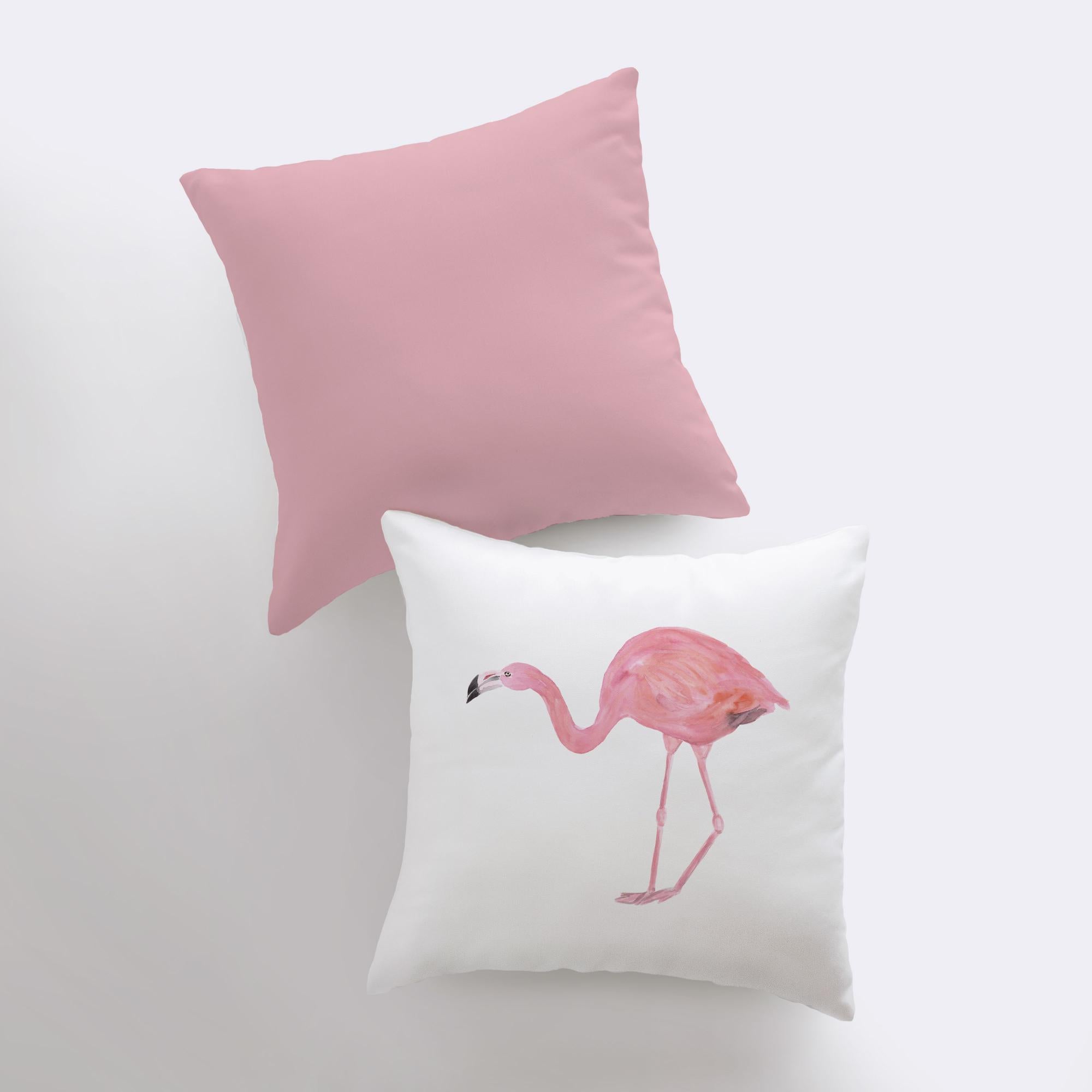 Handmade Pink Flamingo Accent Pillow Cover featuring a large flamingo design on a light beige background with a solid pink back.