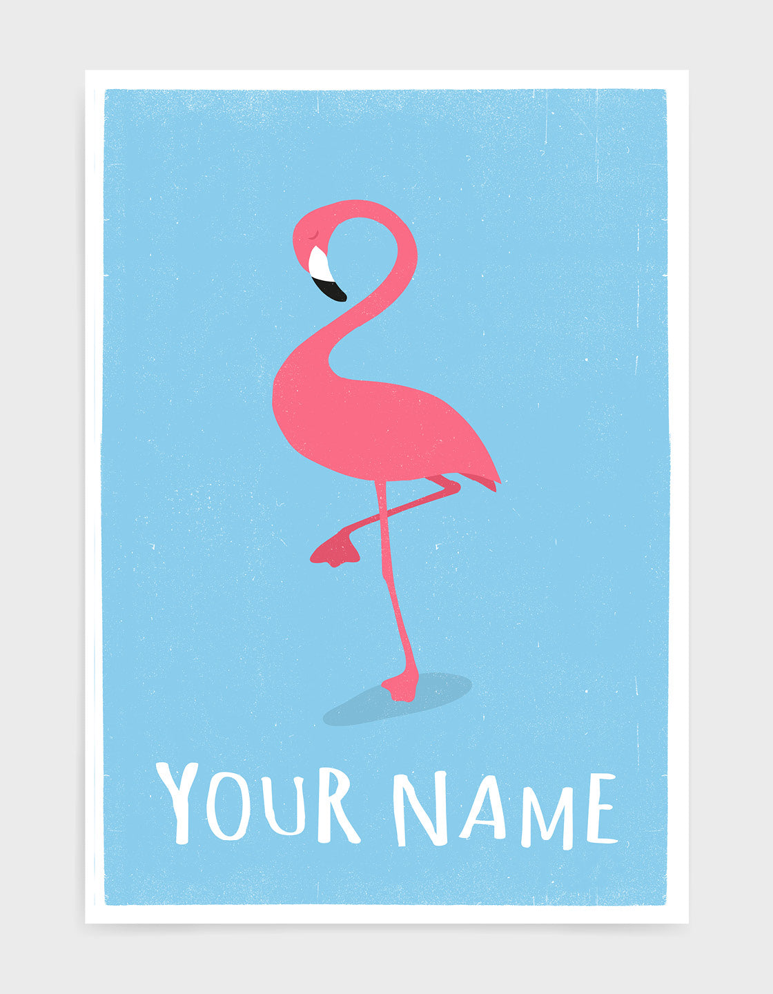 Colorful pink flamingo art print for children's room decor, featuring vibrant colors and customizable text.