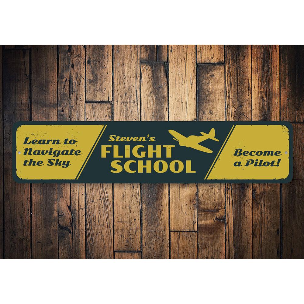 Customizable Flight School Sign made of high-quality aluminum, featuring aviation-themed design, perfect for home or office decor.