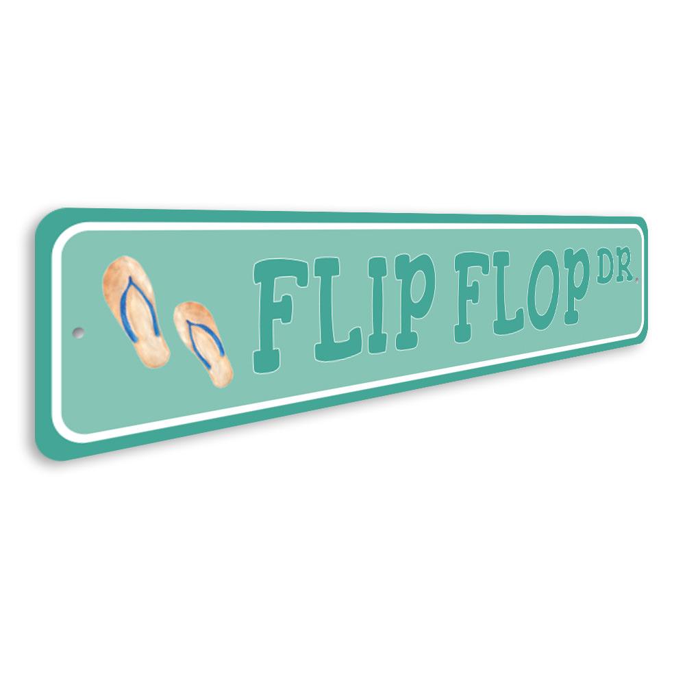 Colorful Flip Flop Street Sign made of durable aluminum, featuring a fun design perfect for beach-themed decor.