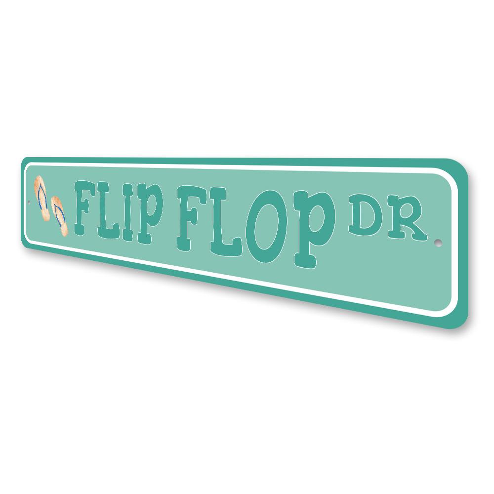 Colorful Flip Flop Street Sign made of durable aluminum, featuring a fun design perfect for beach-themed decor.