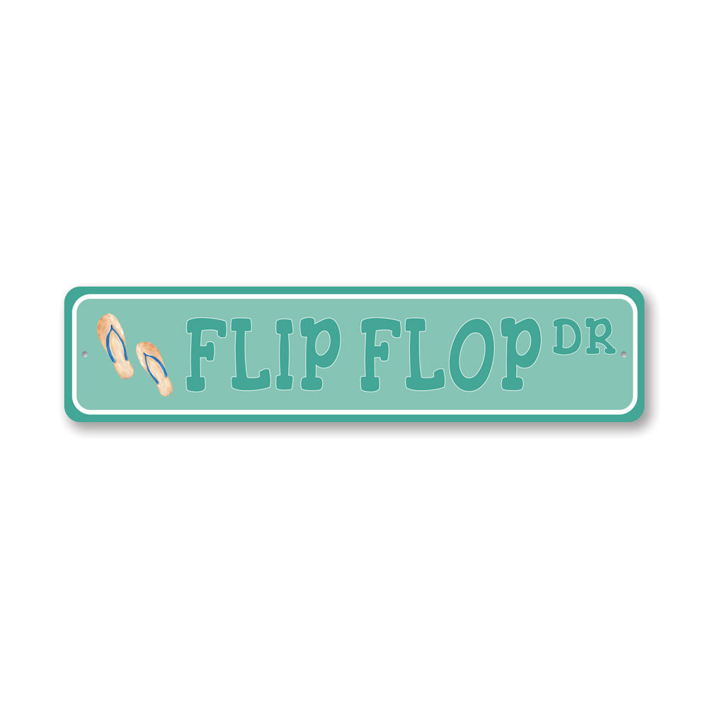 Colorful Flip Flop Street Sign made of durable aluminum, featuring a fun design perfect for beach-themed decor.