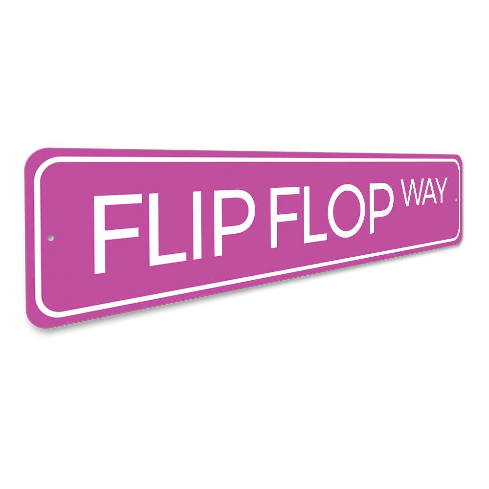 A colorful Flip Flop Way Sign made of aluminum, featuring a beach-themed design perfect for coastal decor.