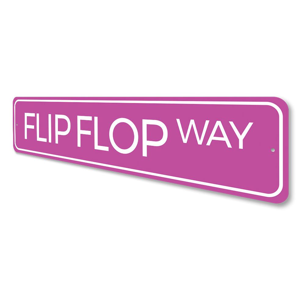 A colorful Flip Flop Way Sign made of aluminum, featuring a beach-themed design perfect for coastal decor.