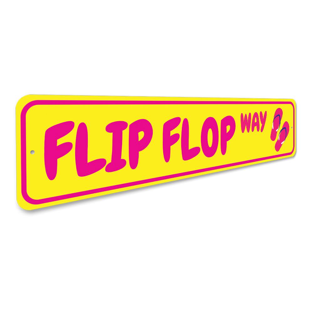 A colorful Flip Flop Way Sign made of aluminum, featuring vibrant beach-themed graphics, perfect for coastal decor.