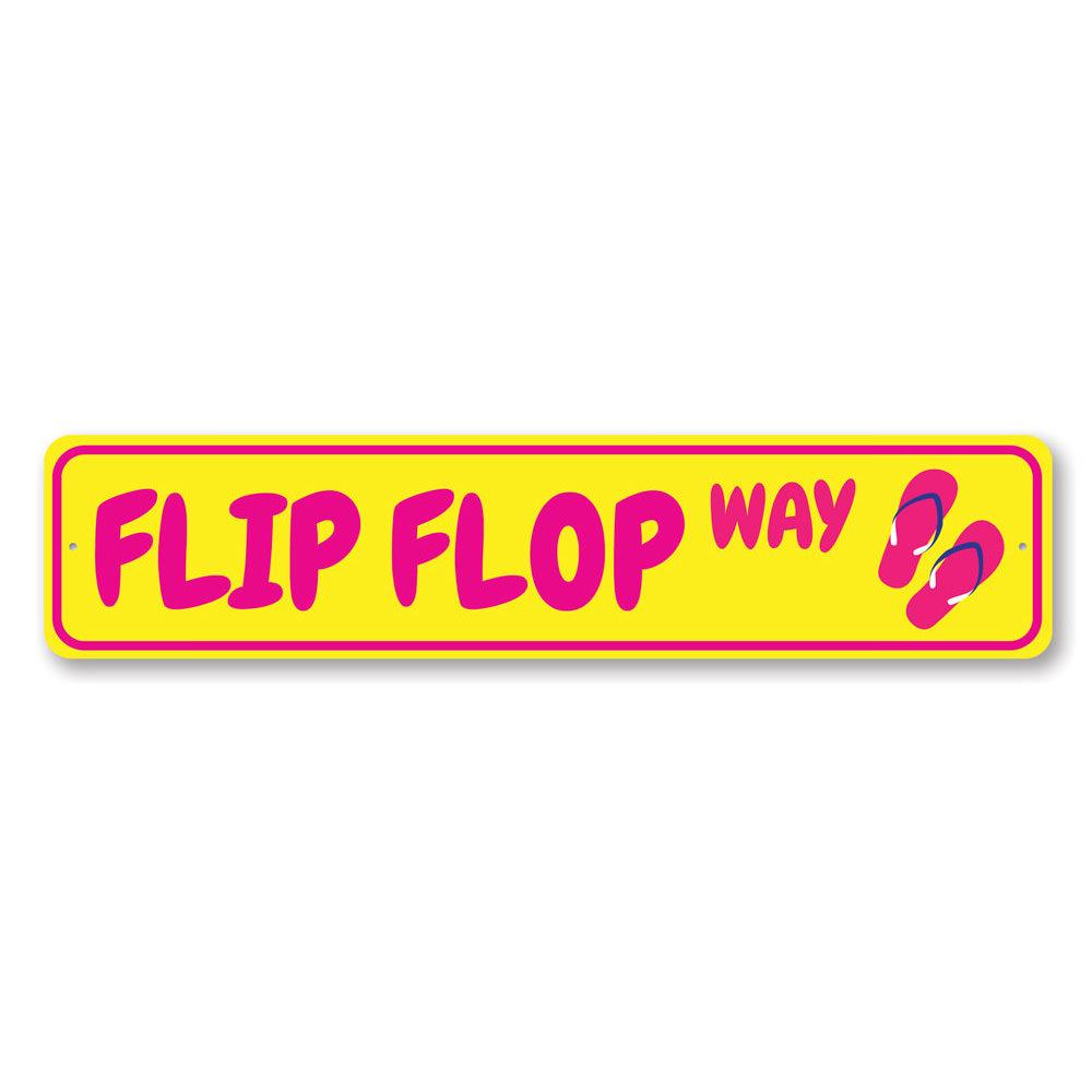 A colorful Flip Flop Way Sign made of aluminum, featuring vibrant beach-themed graphics, perfect for coastal decor.