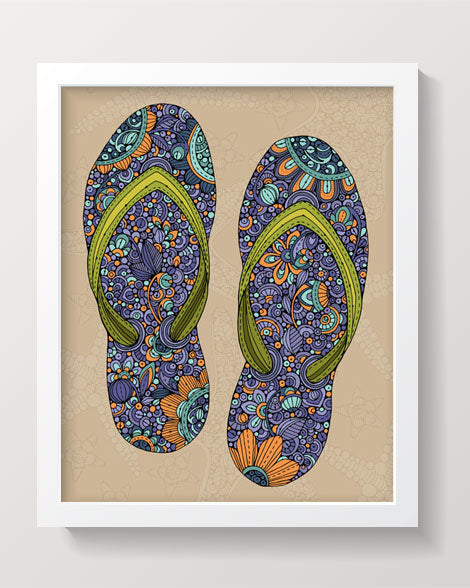 A vibrant 8x10 archival art print of flip flops, featuring original pen and ink art with digital coloring, ready for framing.