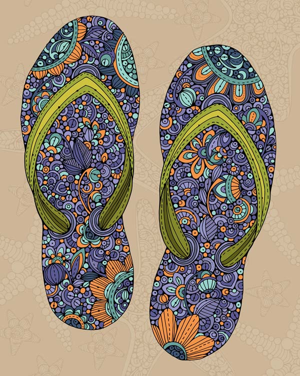 A vibrant 8x10 archival art print of flip flops, featuring original pen and ink art with digital coloring, ready for framing.