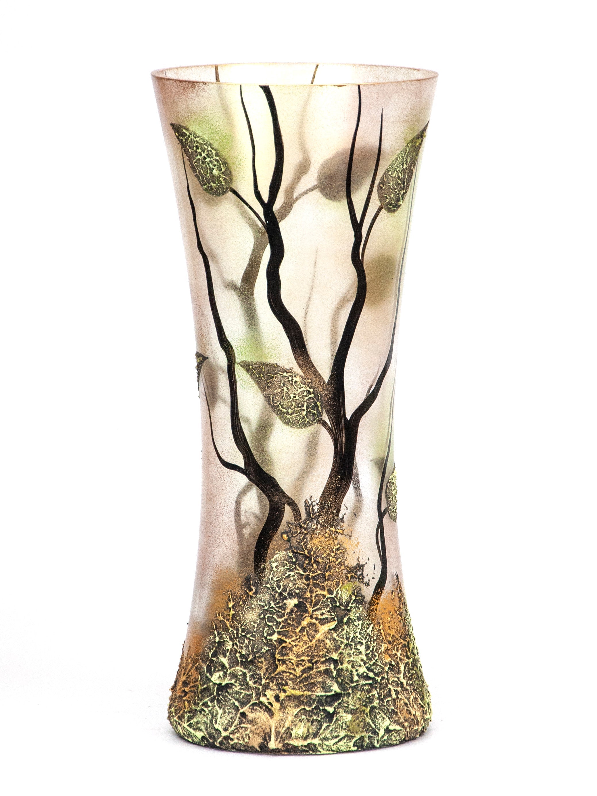 A beautifully hand-painted brown decorative glass vase with unique artistic designs, showcasing its elegant shape and high-quality craftsmanship.