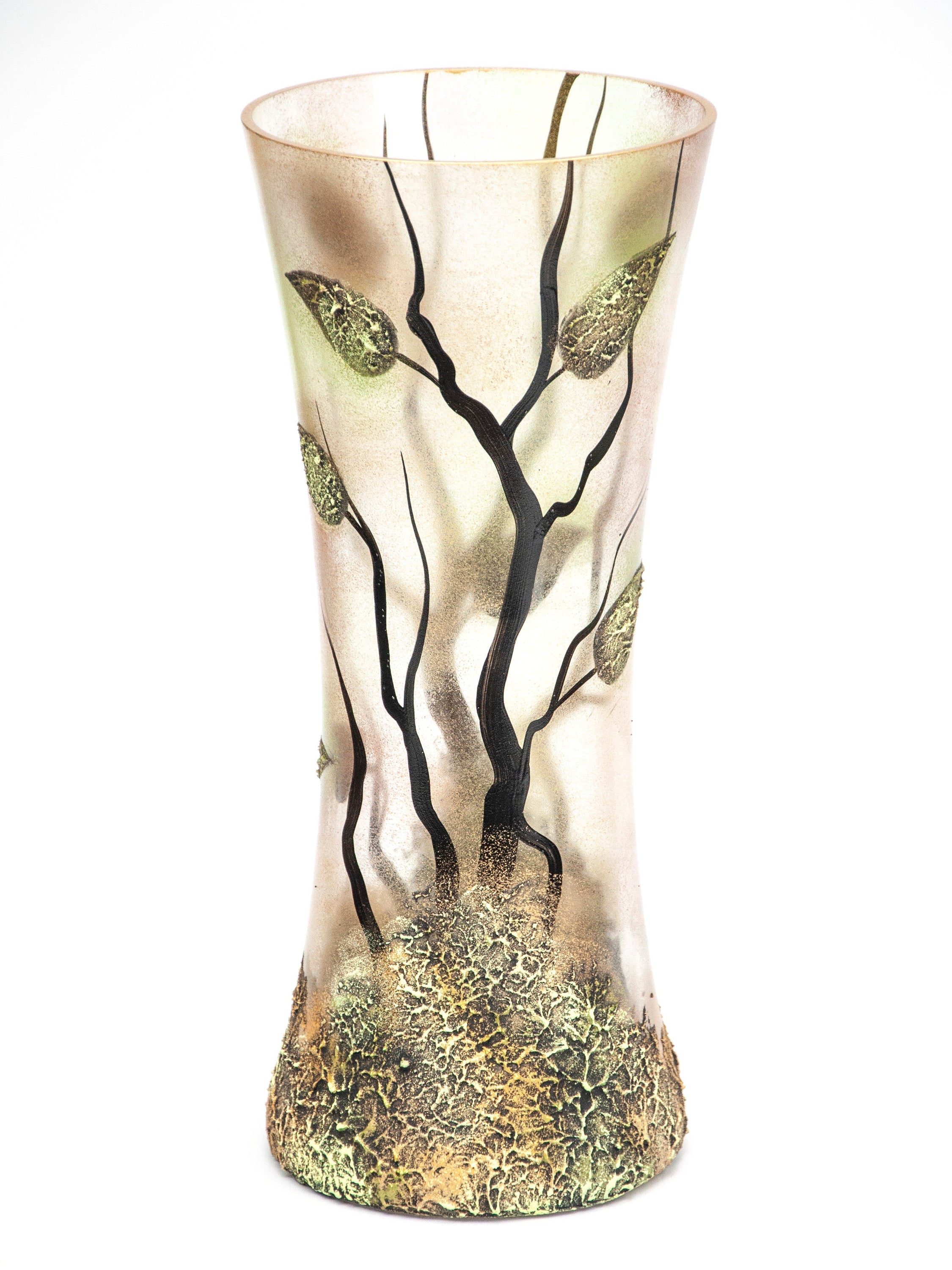 A beautifully hand-painted brown decorative glass vase with unique artistic designs, showcasing its elegant shape and high-quality craftsmanship.