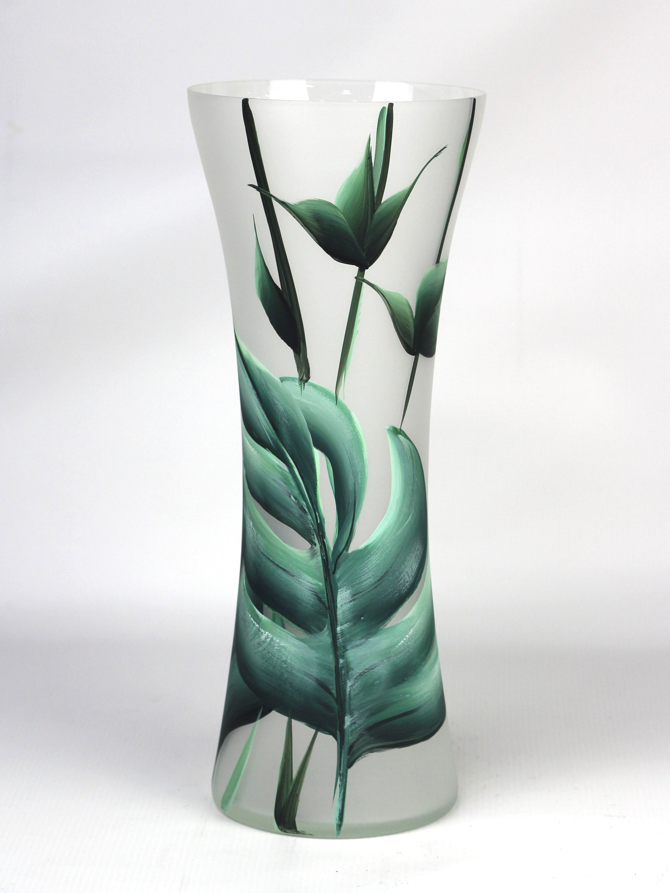 A beautifully hand-painted floor green decorative glass vase featuring intricate nature-inspired designs, showcasing vibrant colors and unique patterns.