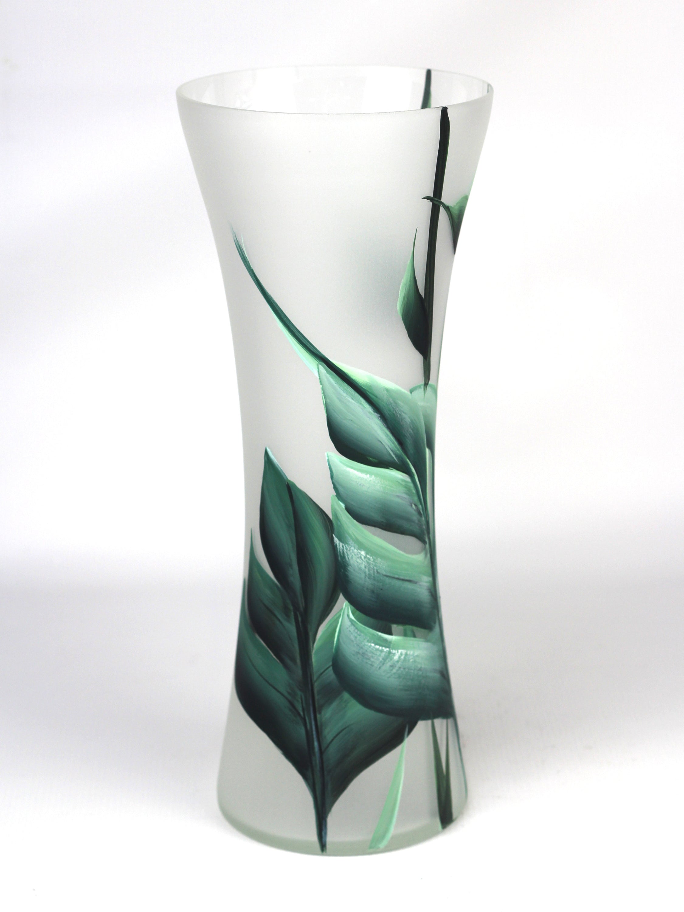 A beautifully hand-painted floor green decorative glass vase featuring intricate nature-inspired designs, showcasing vibrant colors and unique patterns.