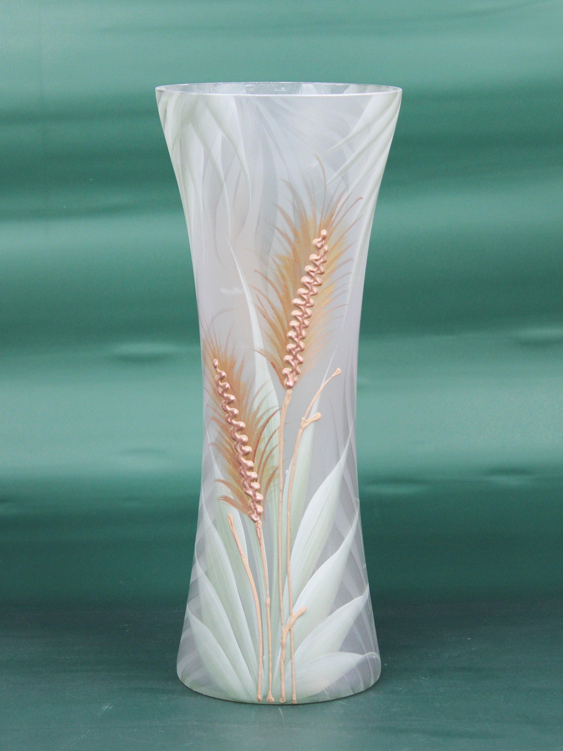 A beautifully hand-painted light green decorative glass vase with unique artistic designs, showcasing its elegant shape and vibrant colors.