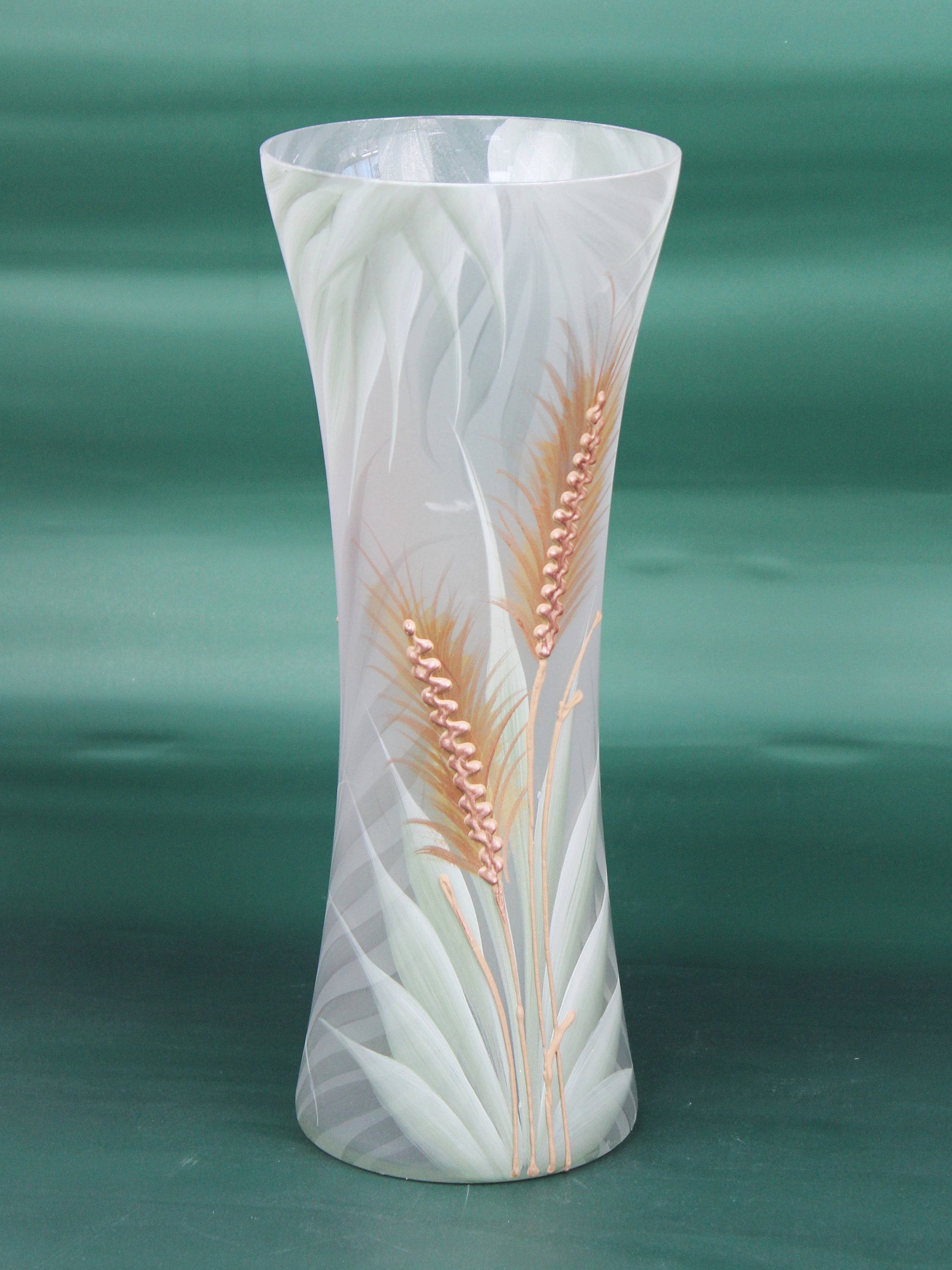 A beautifully hand-painted light green decorative glass vase with unique artistic designs, showcasing its elegant shape and vibrant colors.