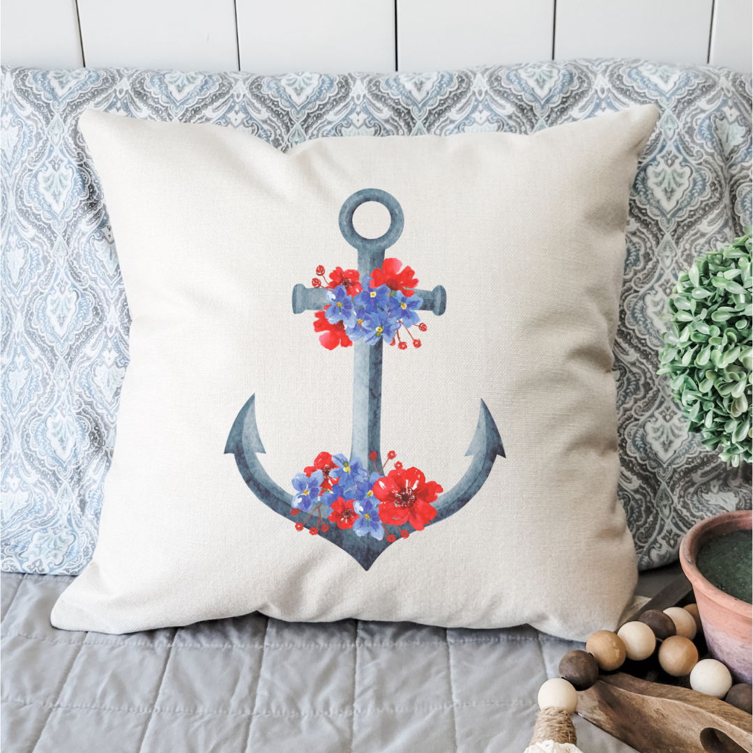 Floral Anchor Pillow Cover featuring a vibrant floral design on a light beige background, perfect for home decor.