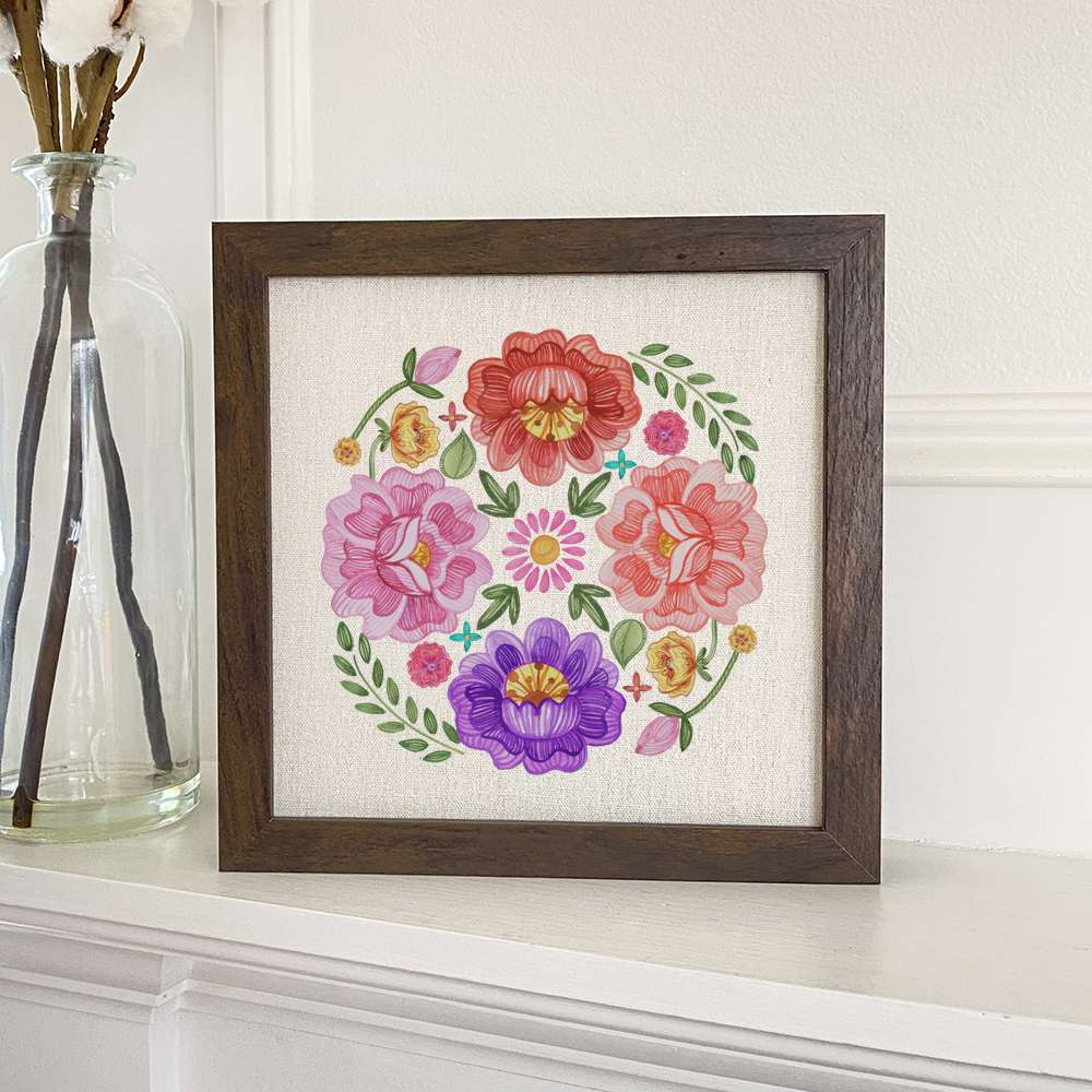 Floral Circulo framed sign with a stylish wood frame and linen-look background, perfect for home decor.