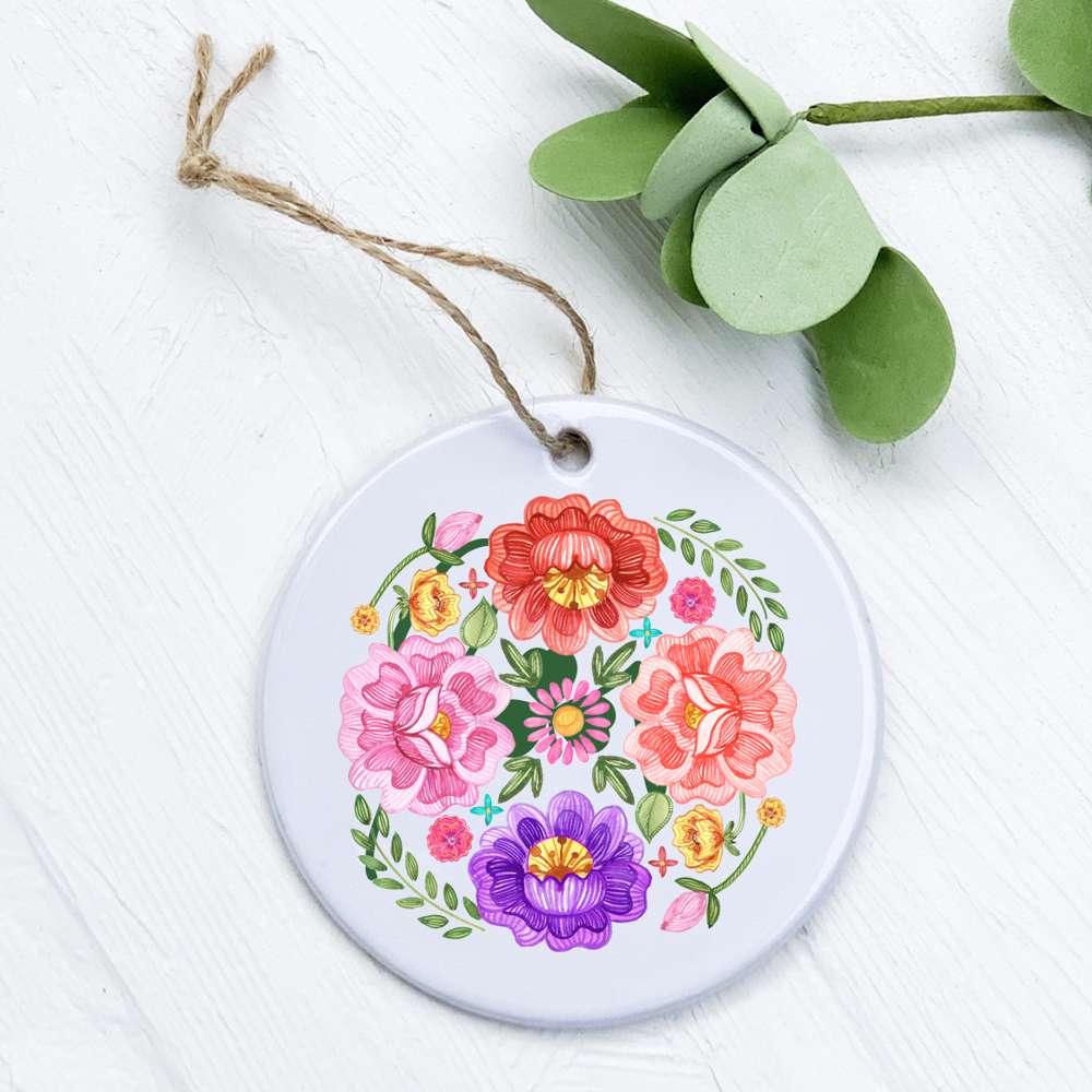 Floral Circulo ornament made of high-quality porcelain with a vibrant design, measuring 2.75 inches in diameter.