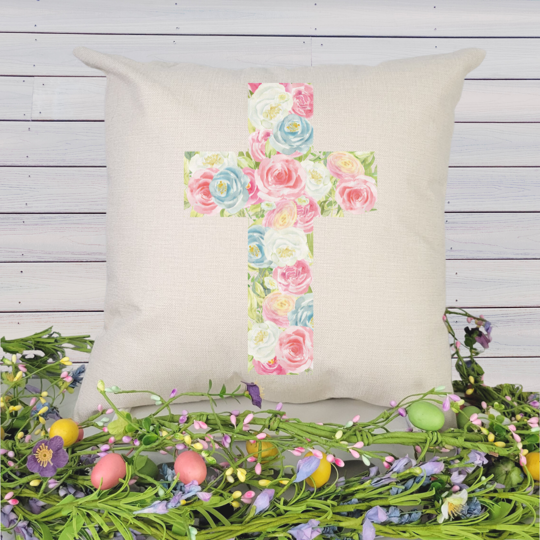 Floral Cross Pillow Cover featuring a beautiful floral design on soft linen fabric, perfect for spring decor.