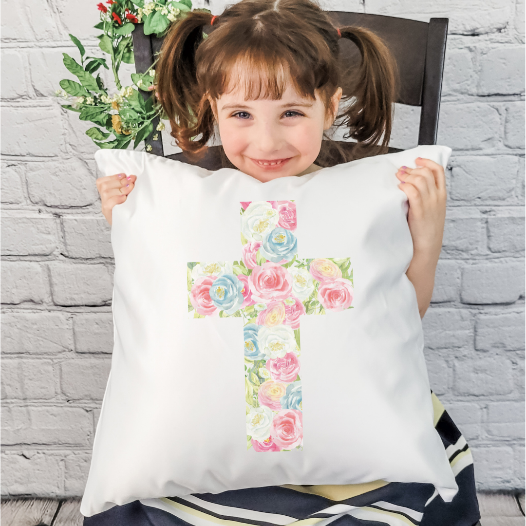 Floral Cross Pillow Cover featuring a beautiful floral design on soft linen fabric, perfect for spring decor.