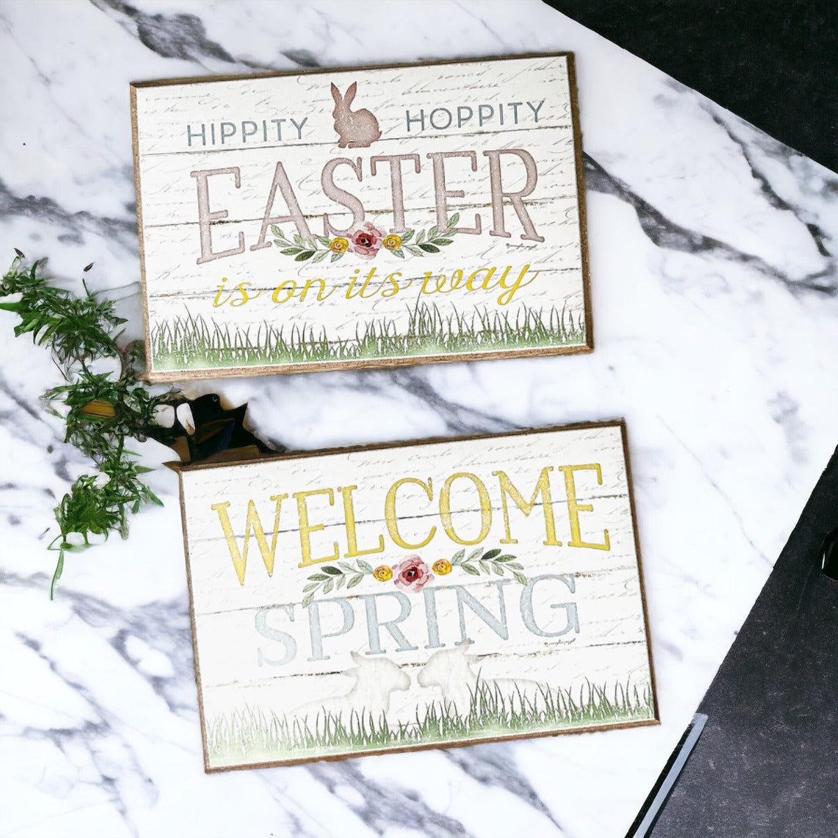 Two wooden block signs for Easter and Spring decor featuring a watercolor bunny and Hippity Hoppity design, perfect for festive displays.