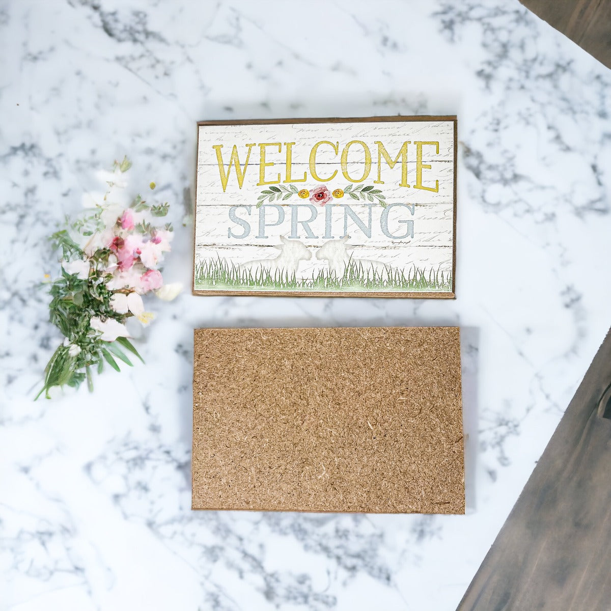 Two wooden block signs for Easter and Spring decor featuring a watercolor bunny and Hippity Hoppity design, perfect for festive displays.