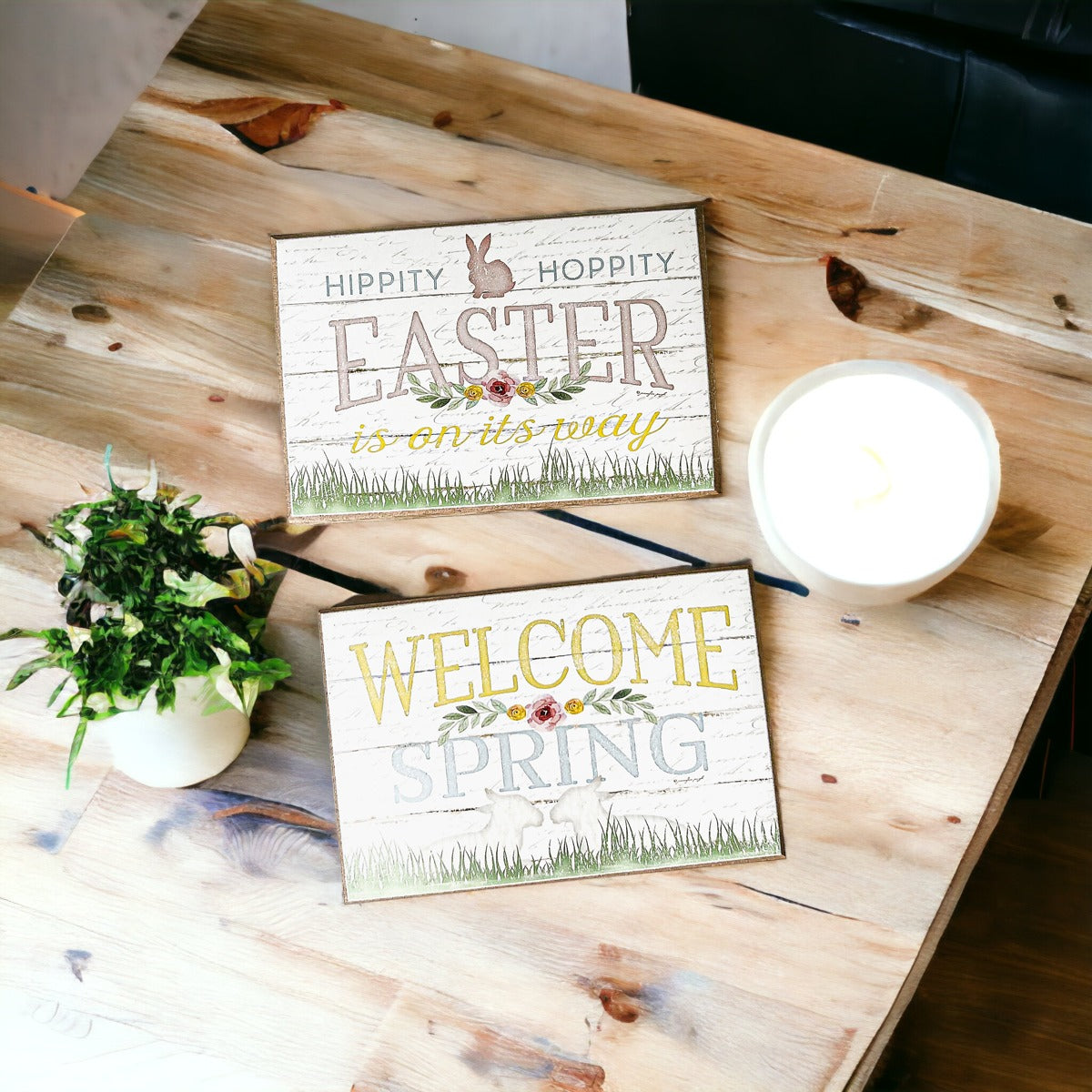 Two wooden block signs for Easter and Spring decor featuring a watercolor bunny and Hippity Hoppity design, perfect for festive displays.