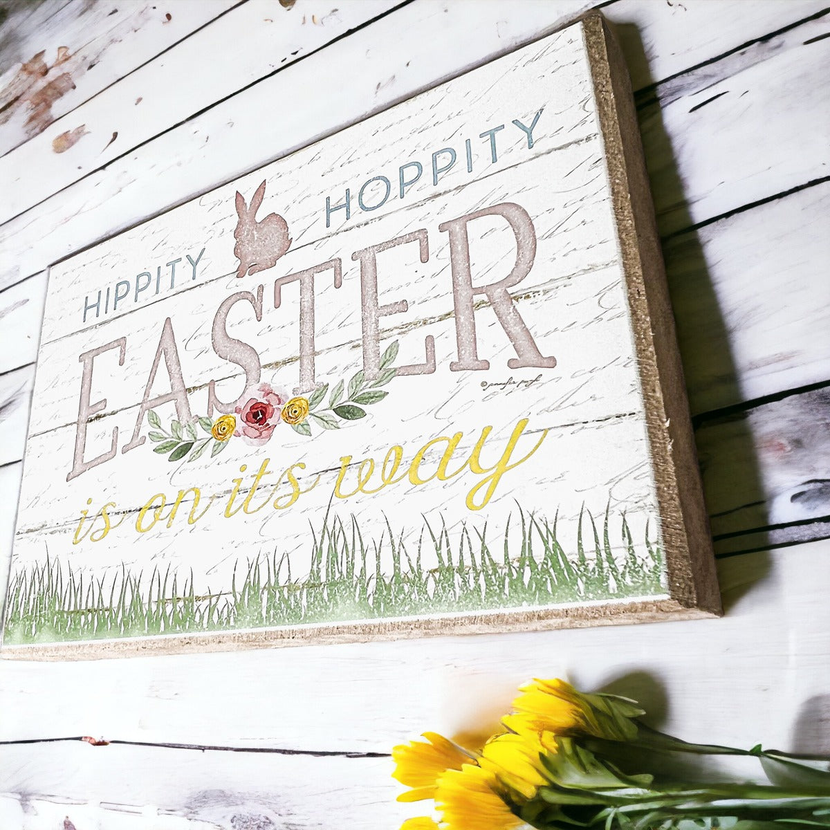 Two wooden block signs for Easter and Spring decor featuring a watercolor bunny and Hippity Hoppity design, perfect for festive displays.