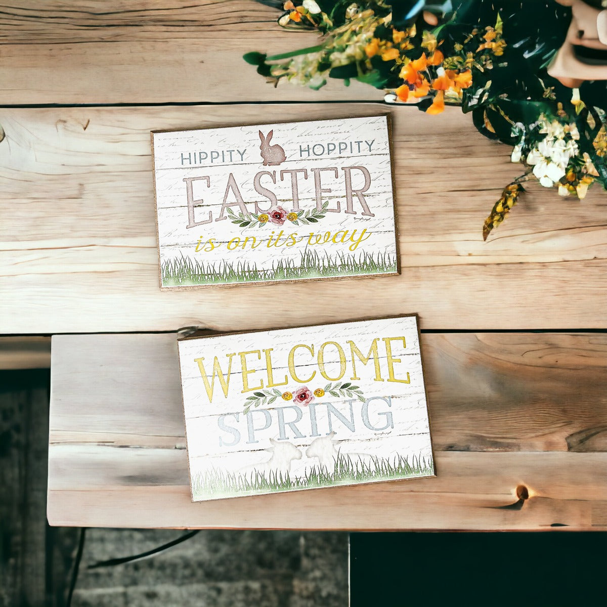 Two wooden block signs for Easter and Spring decor featuring a watercolor bunny and Hippity Hoppity design, perfect for festive displays.