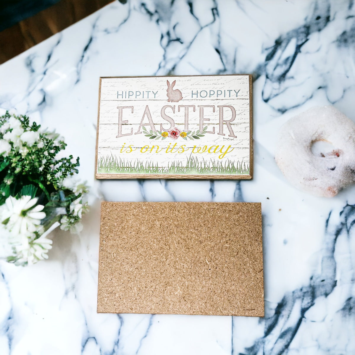 Two wooden block signs for Easter and Spring decor featuring a watercolor bunny and Hippity Hoppity design, perfect for festive displays.