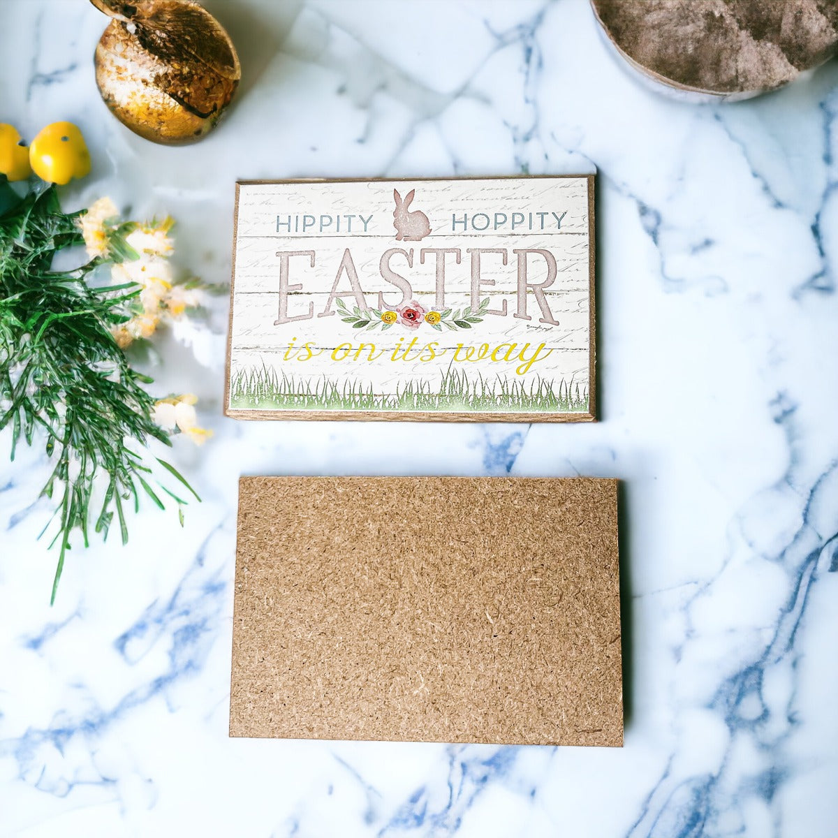 Two wooden block signs for Easter and Spring decor featuring a watercolor bunny and Hippity Hoppity design, perfect for festive displays.