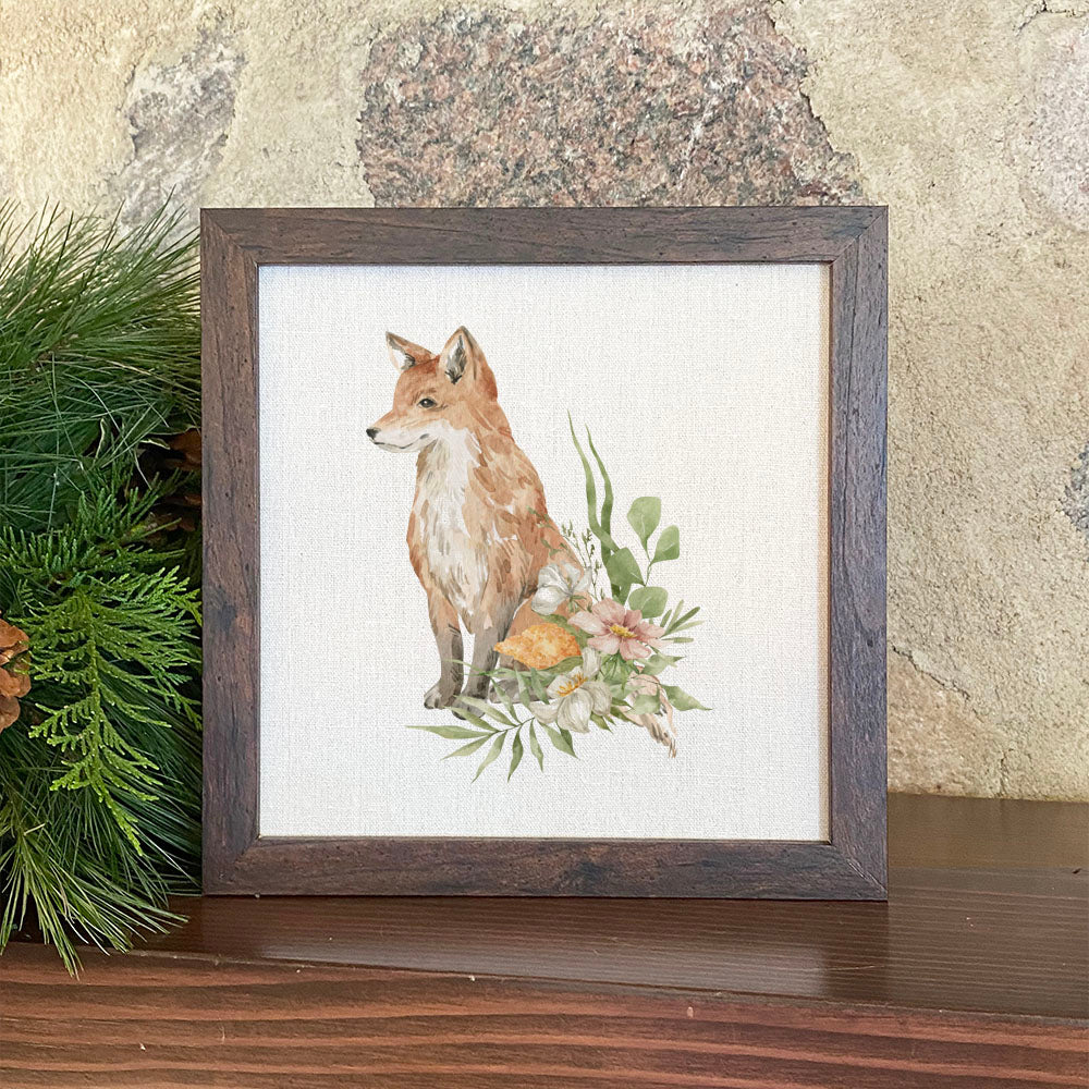 Floral Fox Framed Sign with a charming design in a natural wood frame, suitable for shelf or wall display.