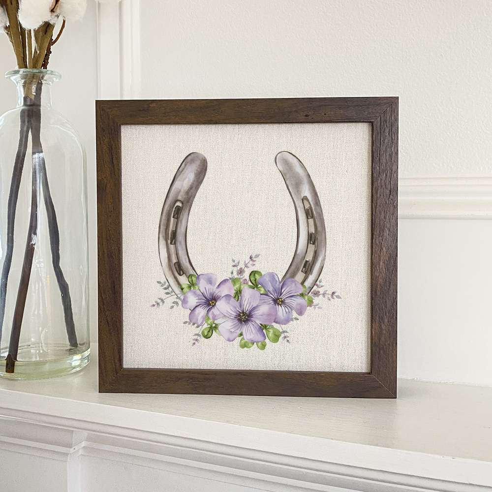 Floral Horseshoe framed sign with a wood frame and linen-look background, perfect for home decor.