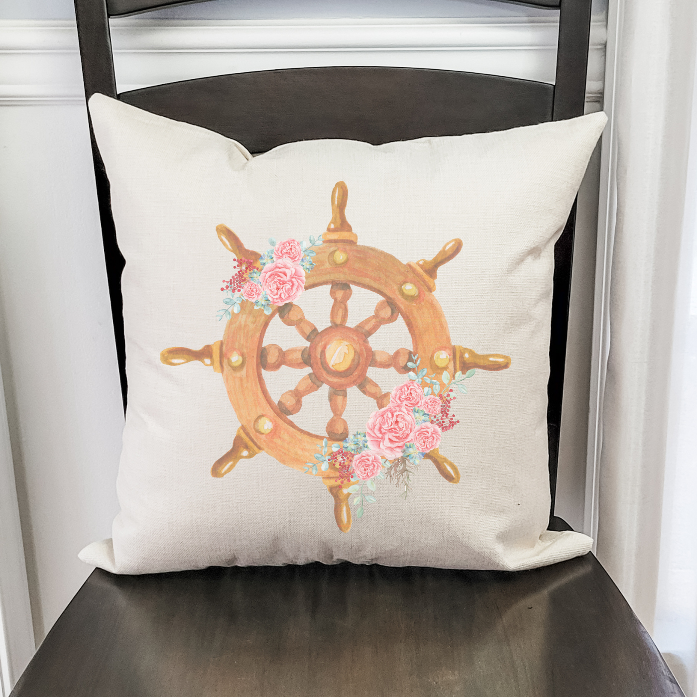 Floral Ships Wheel Pillow Cover featuring a vibrant floral design on a light beige background, perfect for home decor.