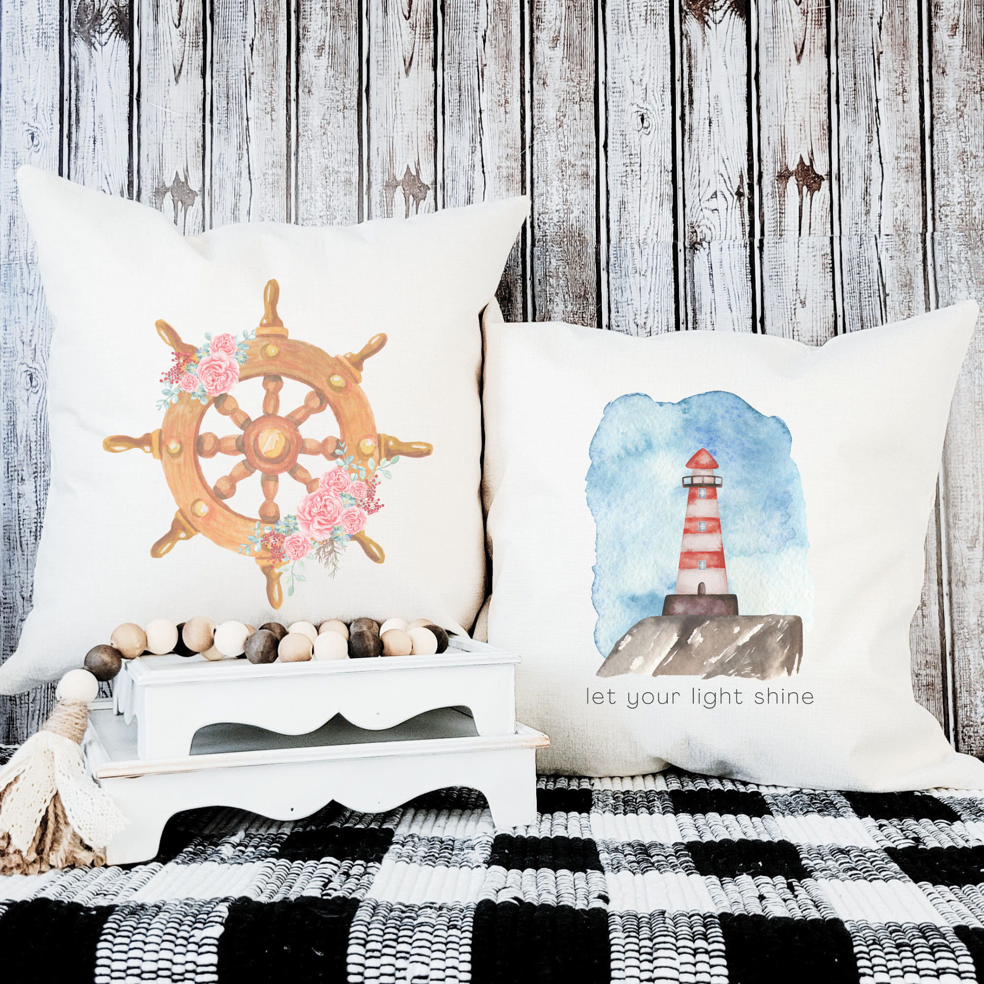 Floral Ships Wheel Pillow Cover featuring a vibrant floral design on a light beige background, perfect for home decor.