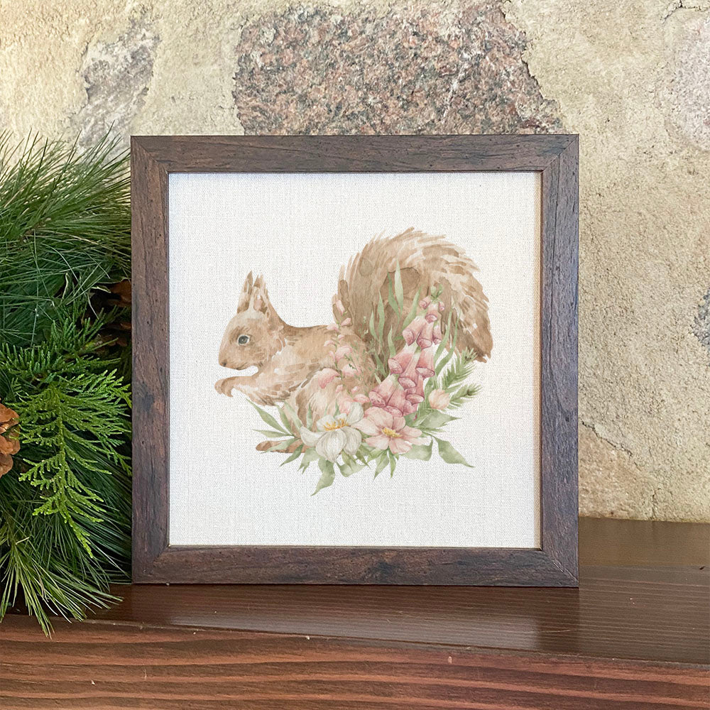 Floral Squirrel framed sign with a wood frame and linen-look background, featuring a whimsical squirrel and floral design.