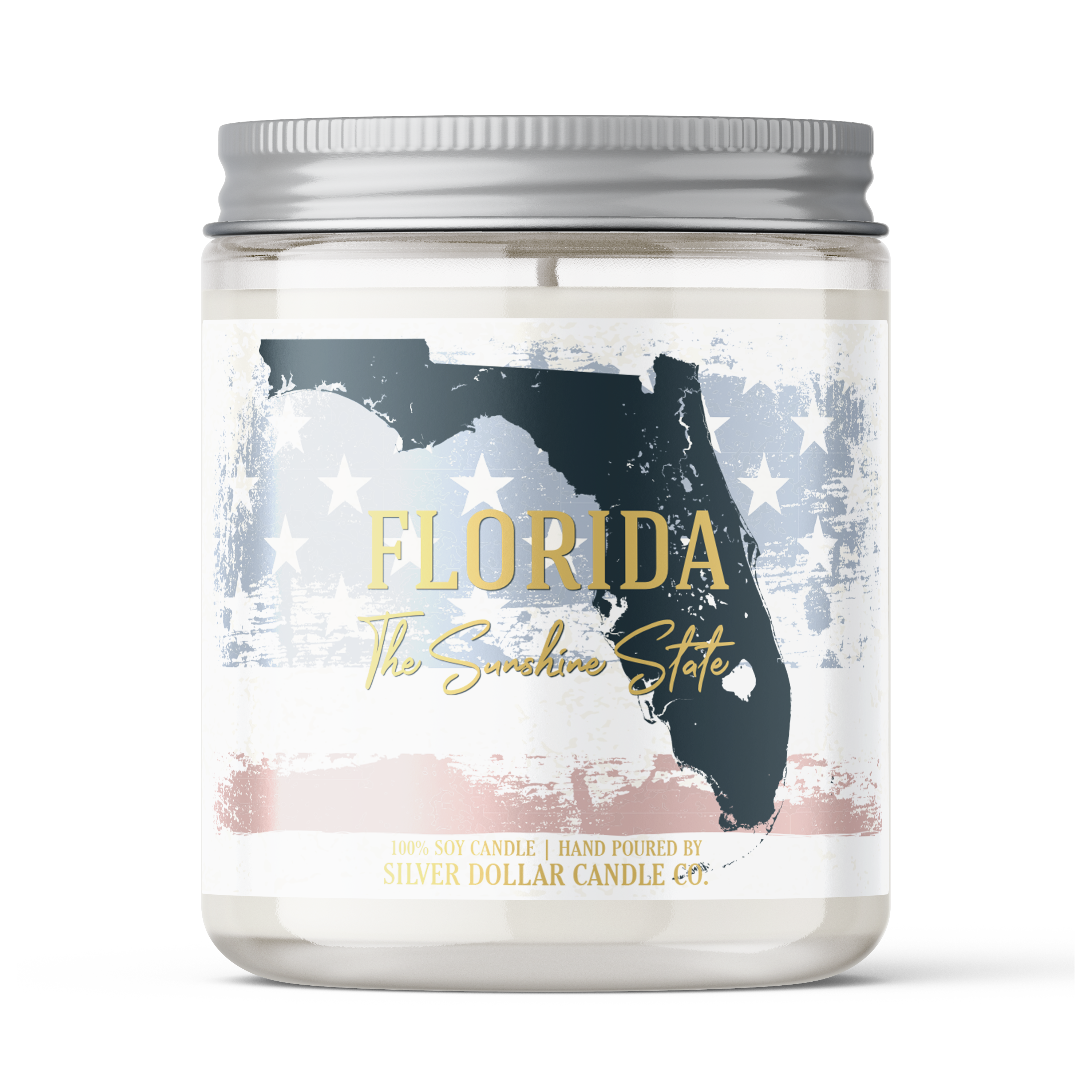 Florida State Candle in a decorative box, showcasing its 100% pure soy wax and personalized lid option.