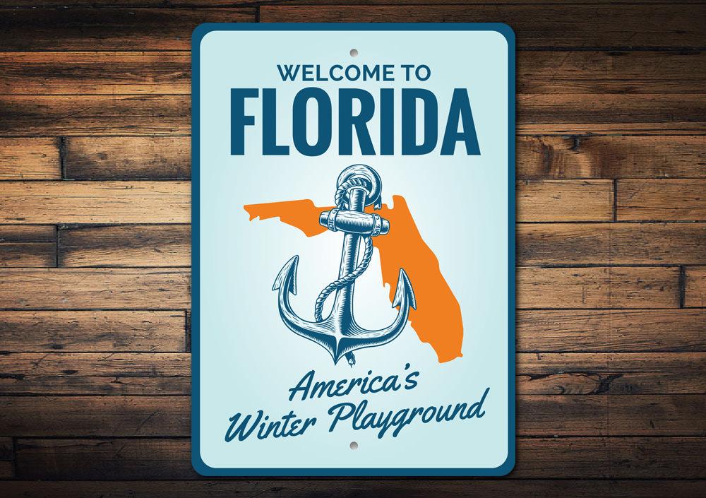 A vibrant Florida Welcome Sign made of high-quality aluminum, featuring tropical colors and a welcoming design, perfect for coastal decor.