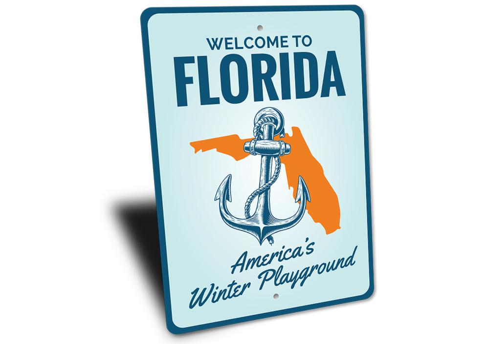 A vibrant Florida Welcome Sign made of high-quality aluminum, featuring tropical colors and a welcoming design, perfect for coastal decor.