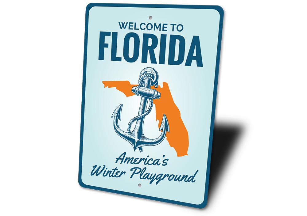 A vibrant Florida Welcome Sign made of high-quality aluminum, featuring tropical colors and a welcoming design, perfect for coastal decor.