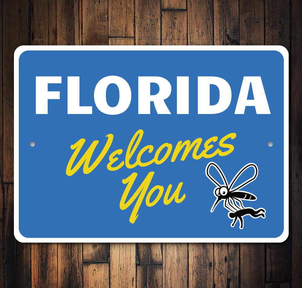 Florida Welcomes You Sign made of durable aluminum, featuring vibrant colors and a coastal design, perfect for beach-themed decor.