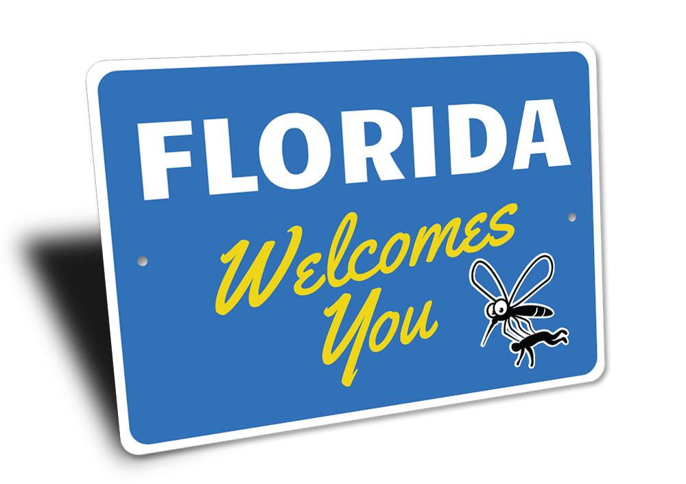 Florida Welcomes You Sign made of durable aluminum, featuring vibrant colors and a coastal design, perfect for beach-themed decor.