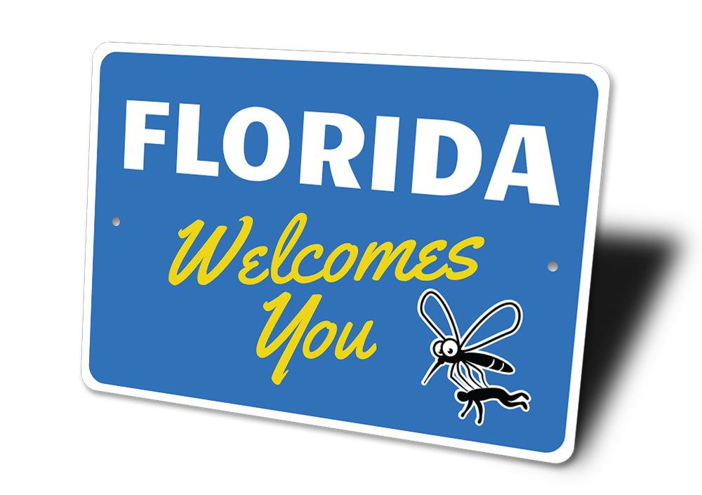 Florida Welcomes You Sign made of durable aluminum, featuring vibrant colors and a coastal design, perfect for beach-themed decor.