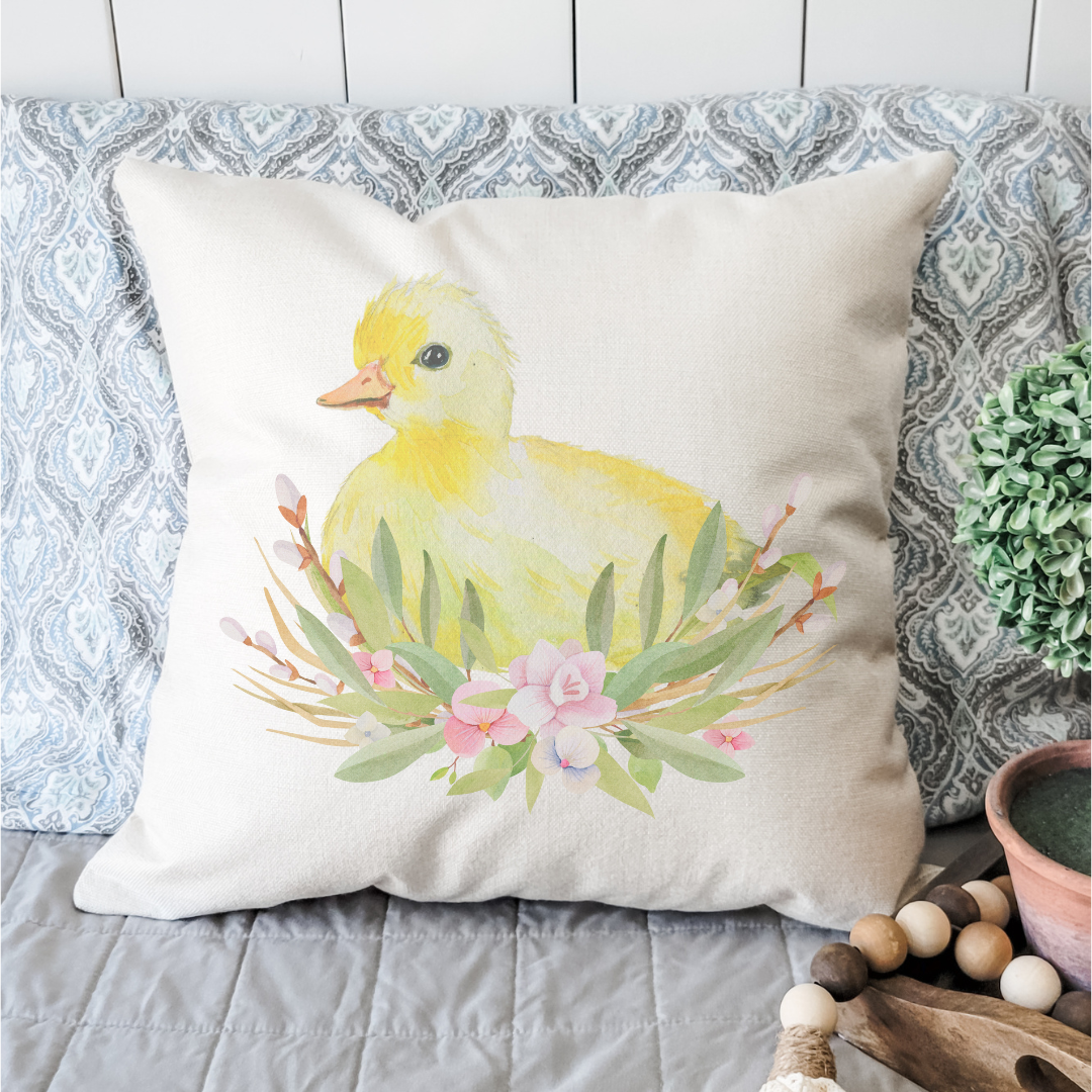 A beautifully designed Flower Duckling Pillow Cover featuring floral patterns on soft linen fabric, perfect for Spring decor.