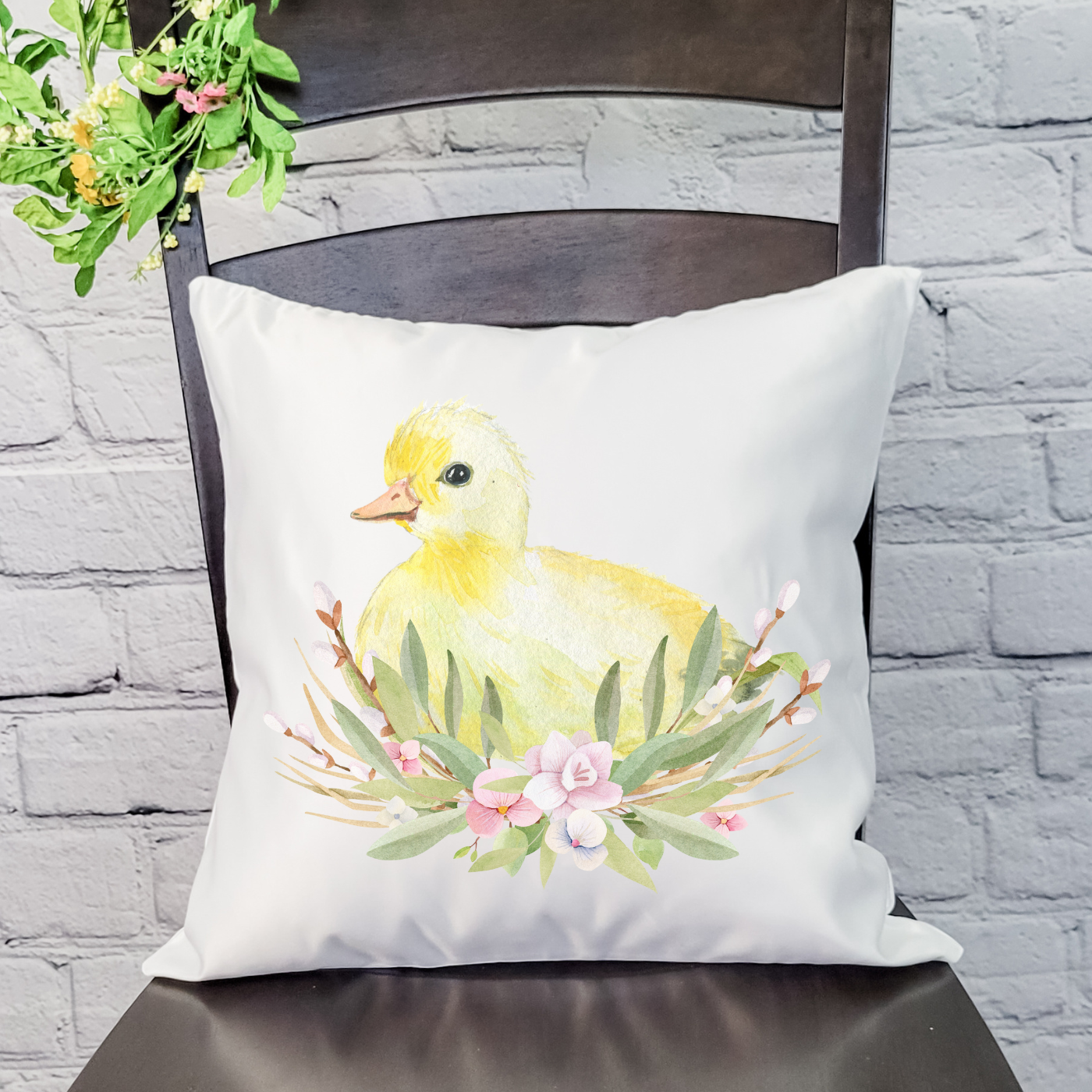 A beautifully designed Flower Duckling Pillow Cover featuring floral patterns on soft linen fabric, perfect for Spring decor.