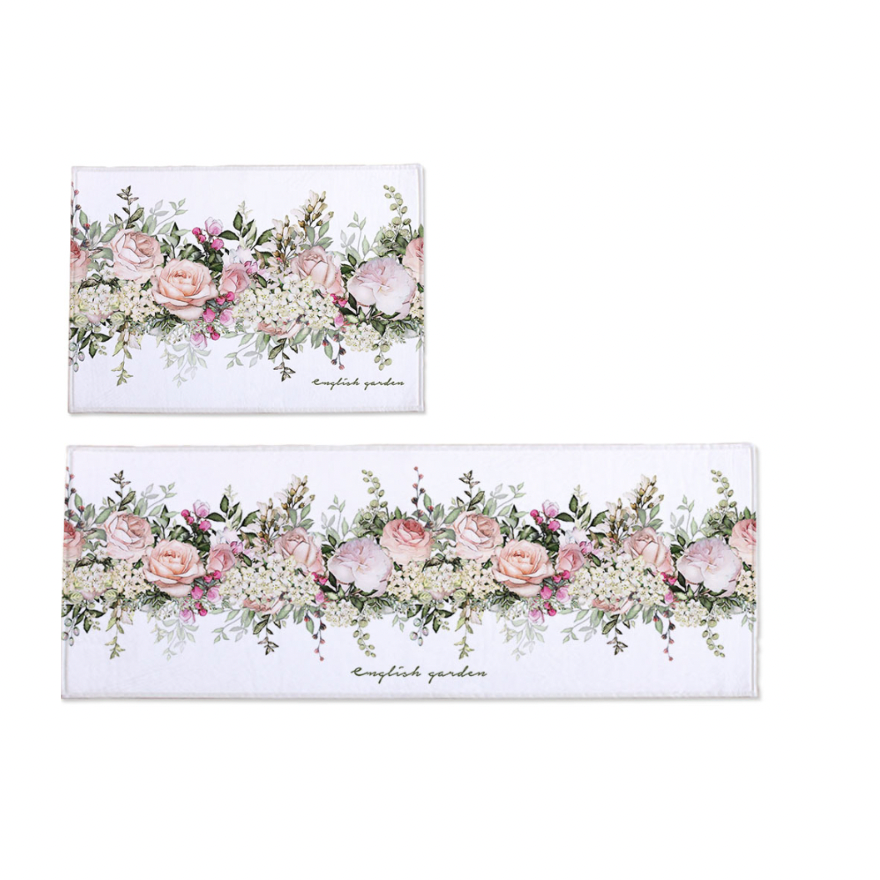 Flower Garden floor mat and kitchen mat set featuring vibrant floral designs, soft microfiber material, and non-slip backing.