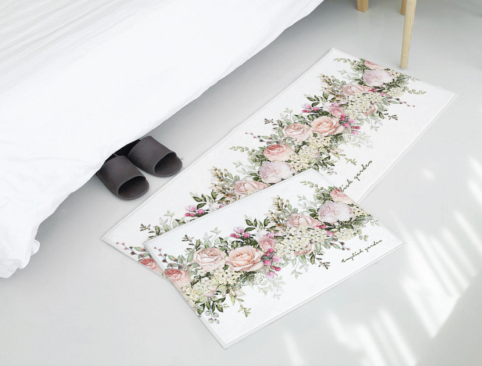 Flower Garden floor mat and kitchen mat set featuring vibrant floral designs, soft microfiber material, and non-slip backing.