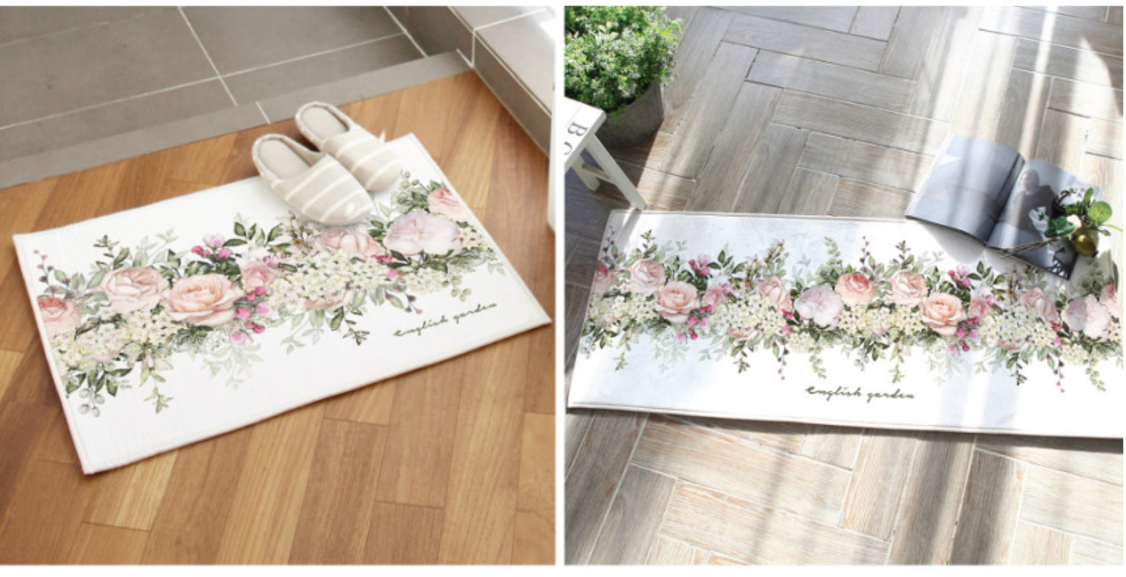 Flower Garden floor mat and kitchen mat set featuring vibrant floral designs, soft microfiber material, and non-slip backing.