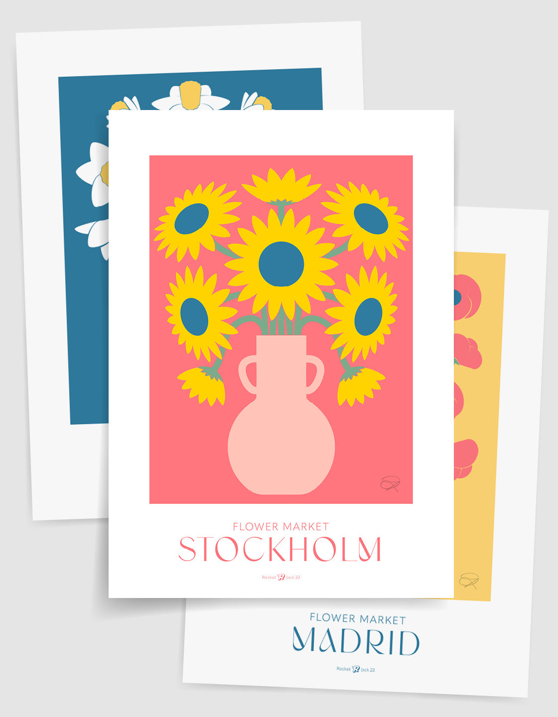 A colorful gallery wall featuring three flower market prints: daffodils, sunflowers, and poppies, each with customizable destination backgrounds.